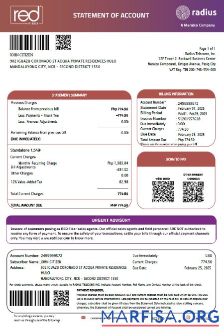 Downloadable Philippines Red Fiber utility bill template in Word and PDF formats